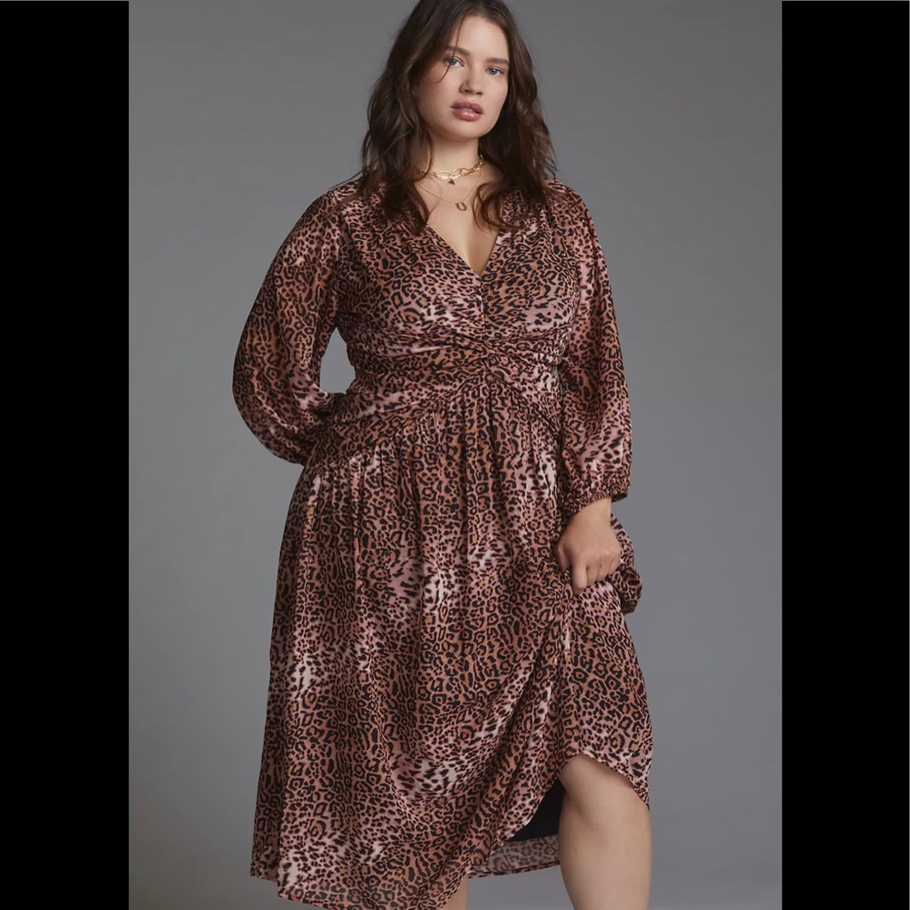 Anthropologie Floral Cut Out Midi Dress in Brown Motif Brown animal print 3X NWT